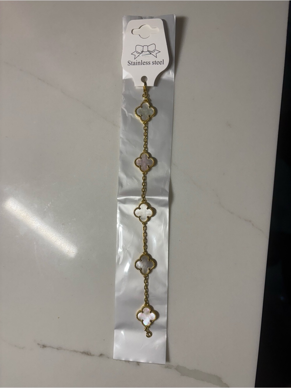 Gold-Tone Clover Link Bracelet with Mother-of-Pearl Inlay